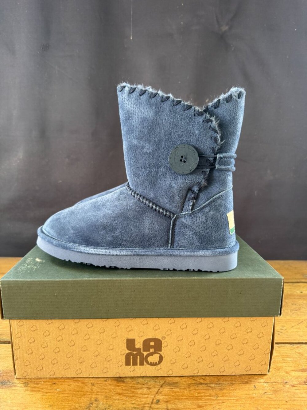 Lomo Navy Suede Button Whipstitched Ankle Boots New in Box Size 8 - Picture 2 of 5
